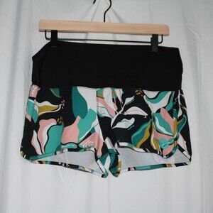 Roxy Watercolor Floral Board Shorts Swim Shorts Womens Foldover Waist Black Teal